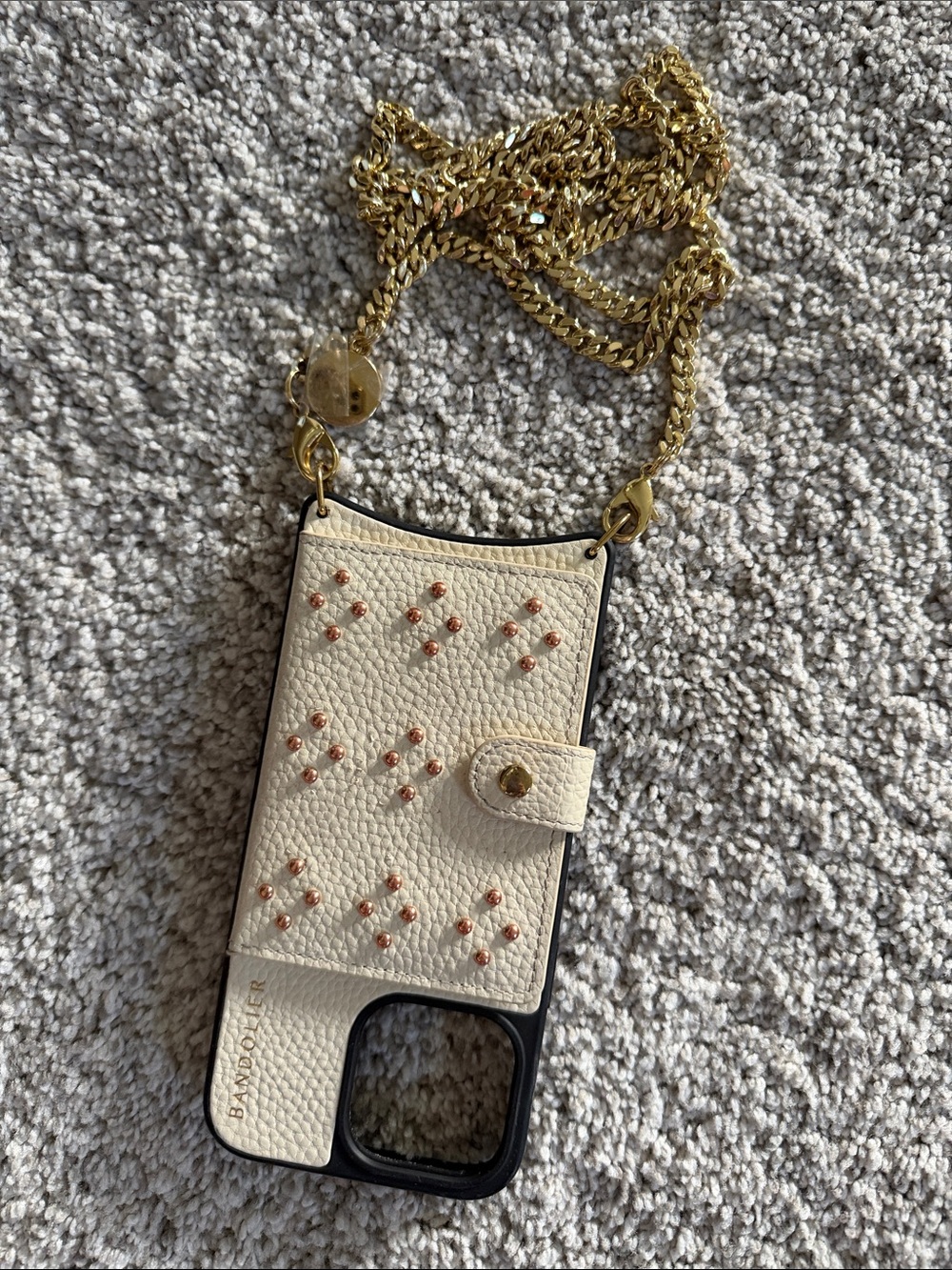 Bandolier Ivory Leather Crossbody Phone Wallet with Gold Chain and Stud Accents